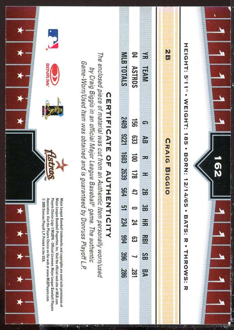 Craig Biggio Card 2005 Donruss Champions Impressions Material #162  Image 2