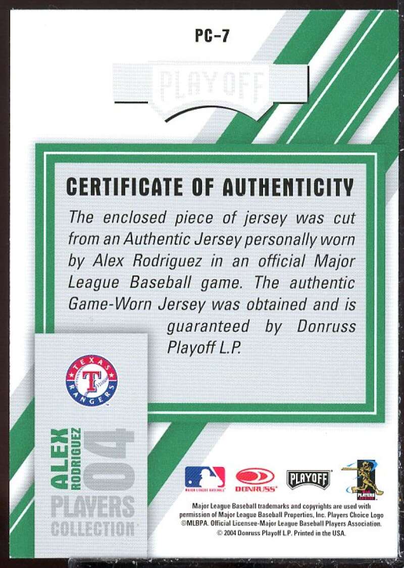 Alex Rodriguez Rgr White Card 2004 Leaf Players Collection Jersey Green #7  Image 2