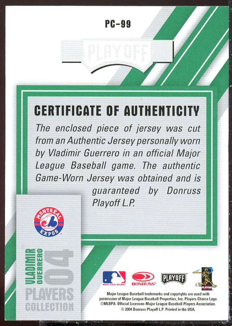Vladimir Guerrero Card 2004 Leaf Players Collection Jersey Green #99  Image 2