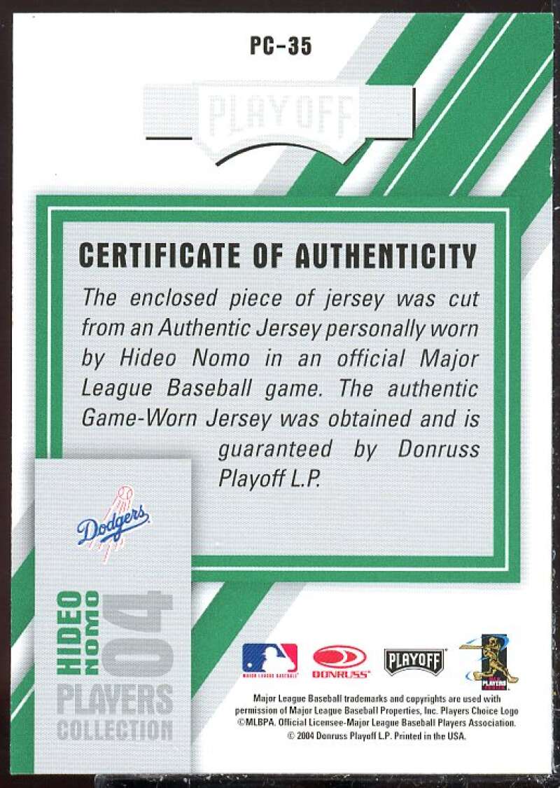 Hideo Nomo Dodgers Gray Card 2004 Leaf Players Collection Jersey Green #35  Image 2
