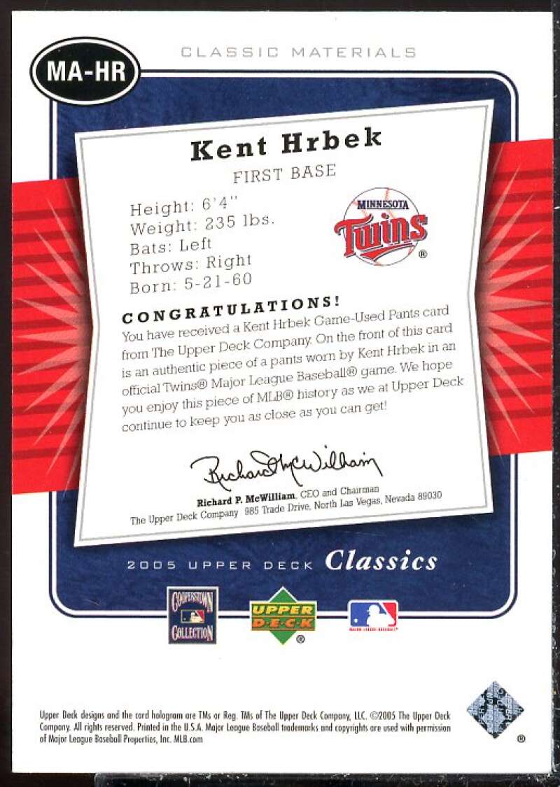 Kent Hrbek Pants Card 2005 Upper Deck Classics Materials #HR  Image 2