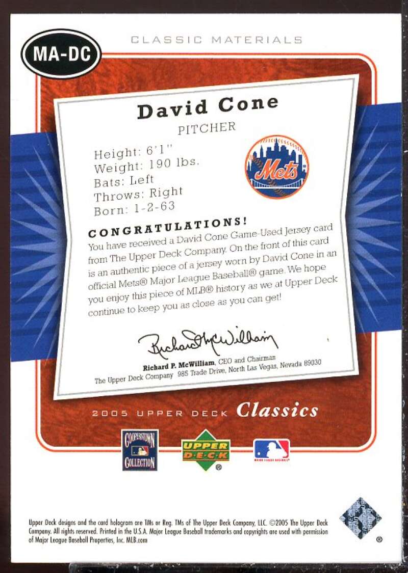 David Cone Card 2005 Upper Deck Classics Materials #DC  Image 2
