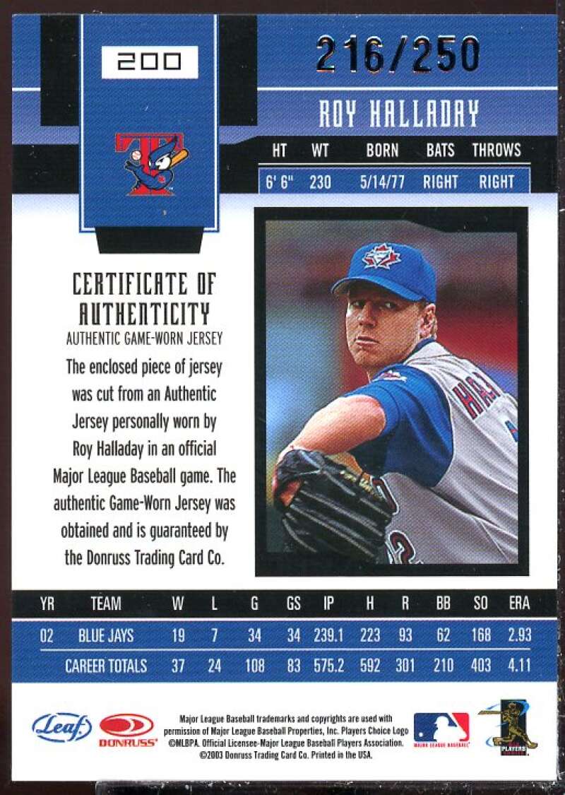 Roy Halladay Card 2003 Leaf Certified Materials Mirror Red Materials #200  Image 2