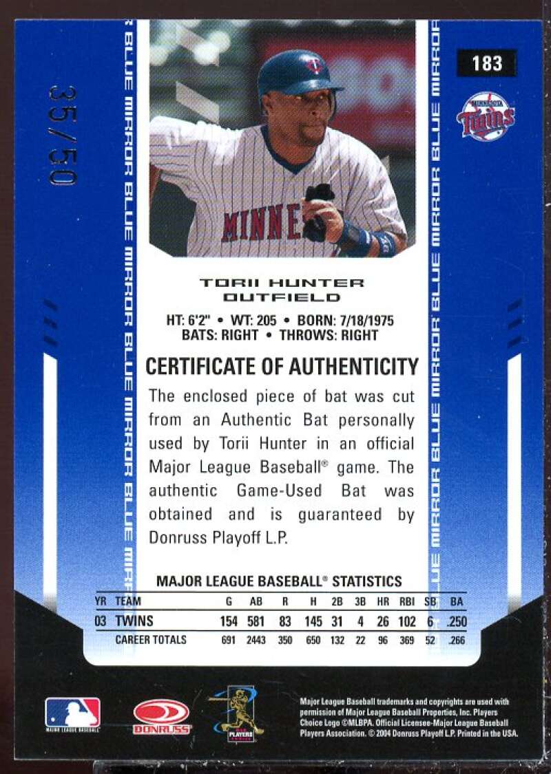Torii Hunter Card 2004 Leaf Certified Materials Mirror Bat Blue #183  Image 2
