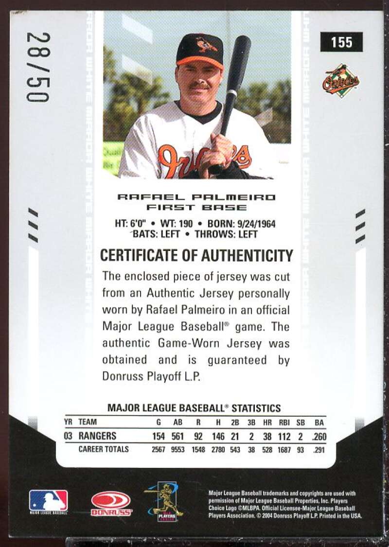Rafael Palmeiro O's Card 2004 Leaf Certified Materials Mirror Fabric White #155  Image 2