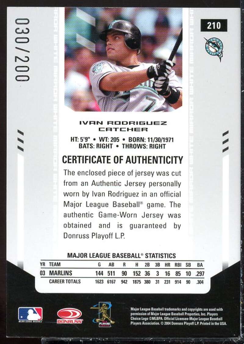 Ivan Rodriguez Card 2004 Leaf Certified Materials Mirror Bat White #76  Image 2