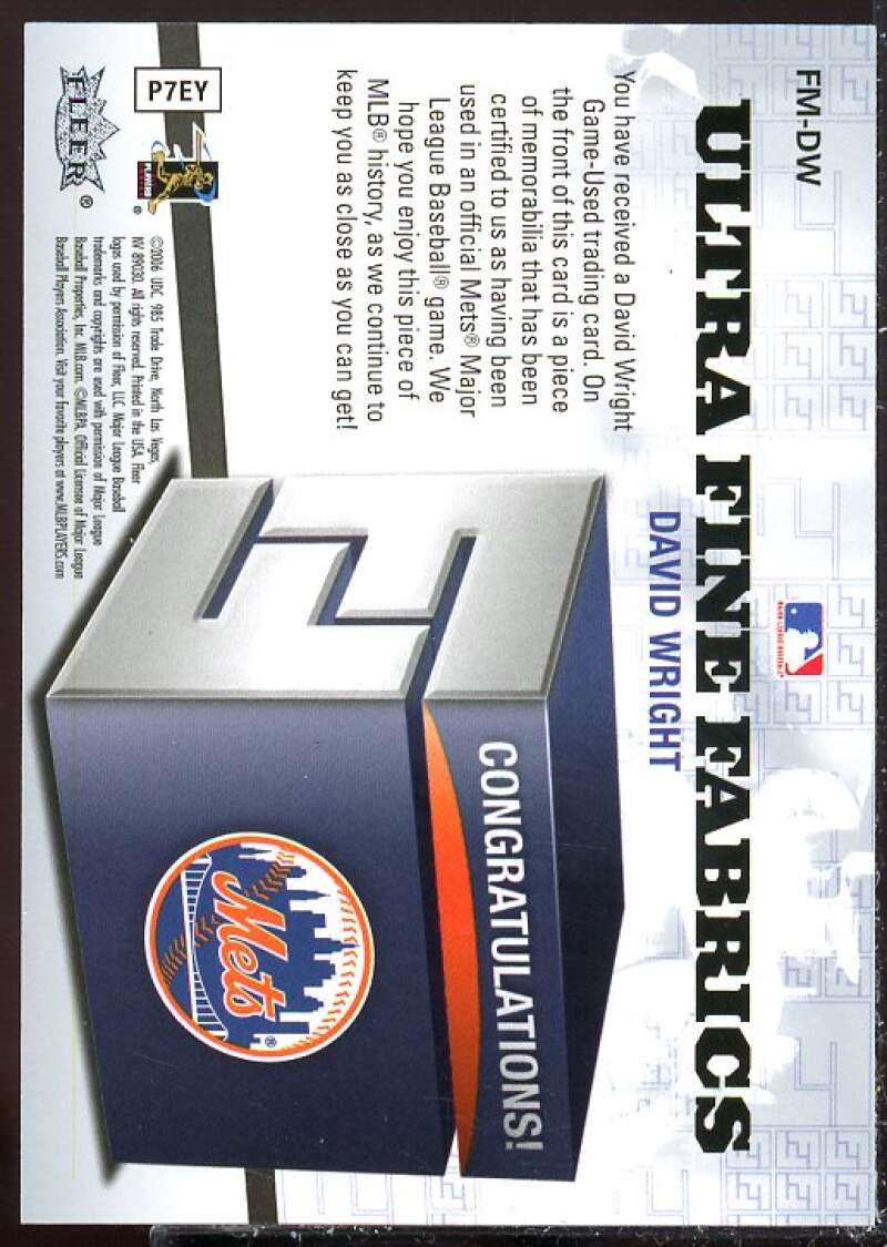 David Wright Card 2006 Ultra Fine Fabrics #DW  Image 2