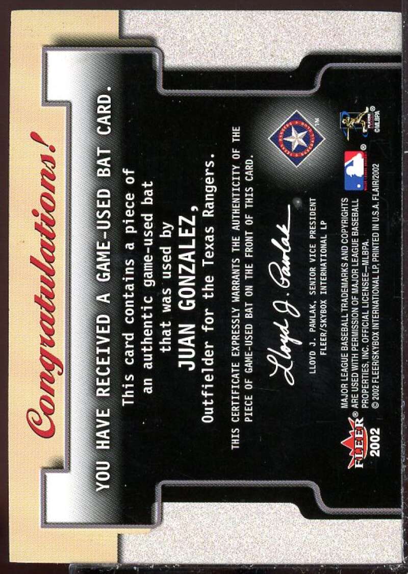 Juan Gonzalez Card 2002 Flair Power Tools Bats #10  Image 2