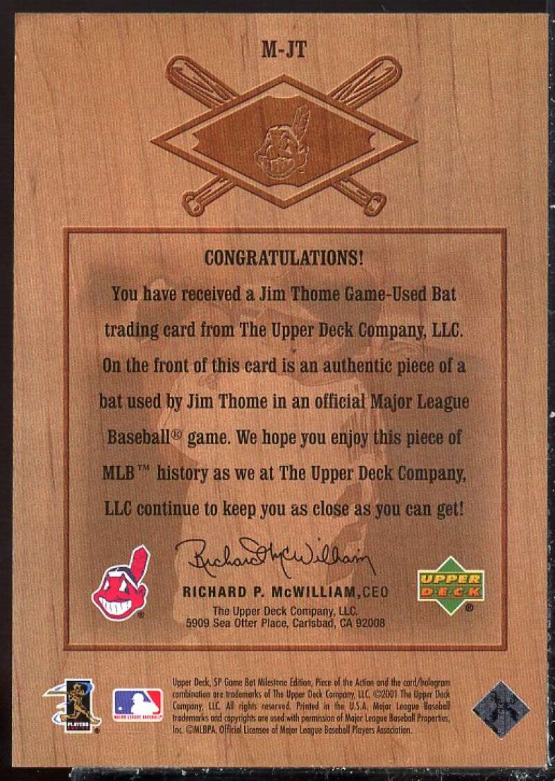 Jim Thome Card 2001 SP Game Bat Milestone Piece of Action Milestone #JT  Image 2