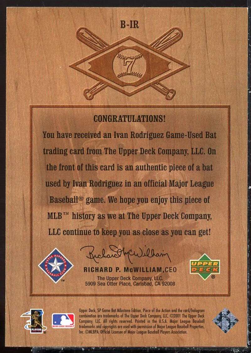 Ivan Rodriguez 2001 SP Game Bat Milestone Piece of Action Bound for the Hall BIR Image 2