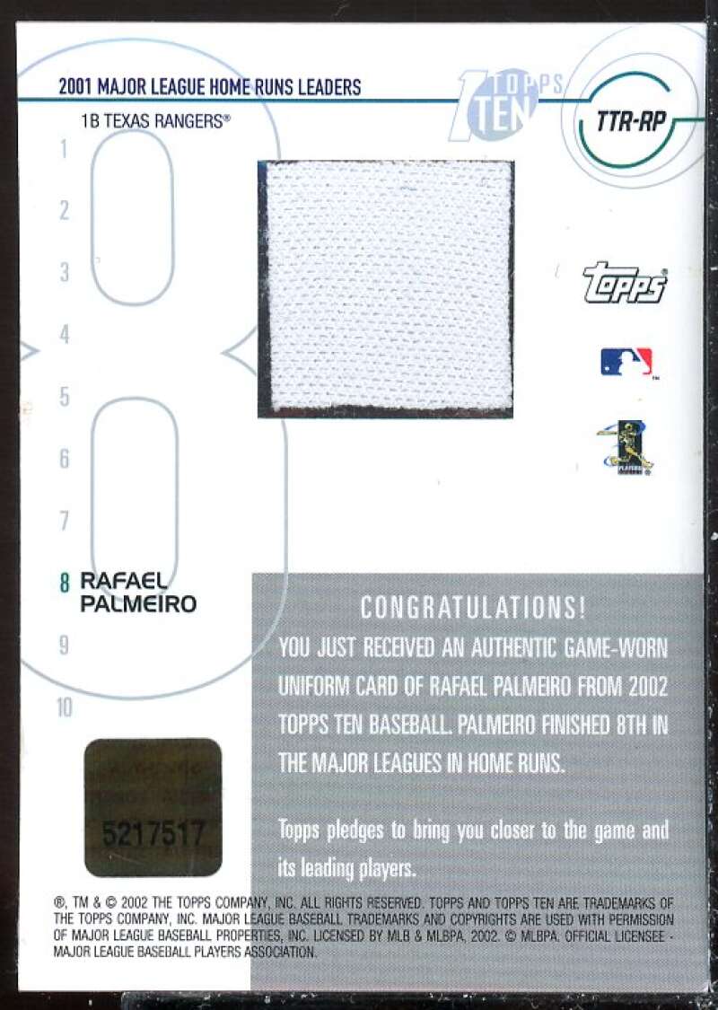 Rafael Palmeiro Card 2002 Topps Ten Relics #TTRRP  Image 2