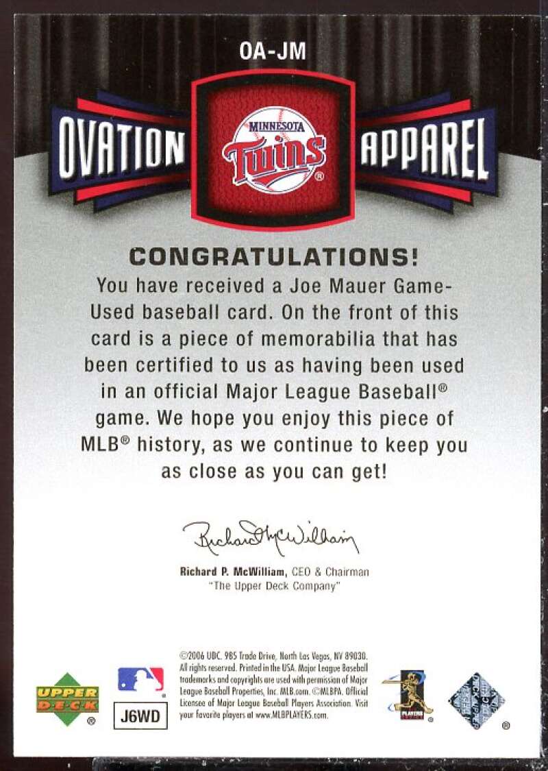 Joe Mauer Jsy Card 2006 Upper Deck Ovation Apparel #JM  Image 2