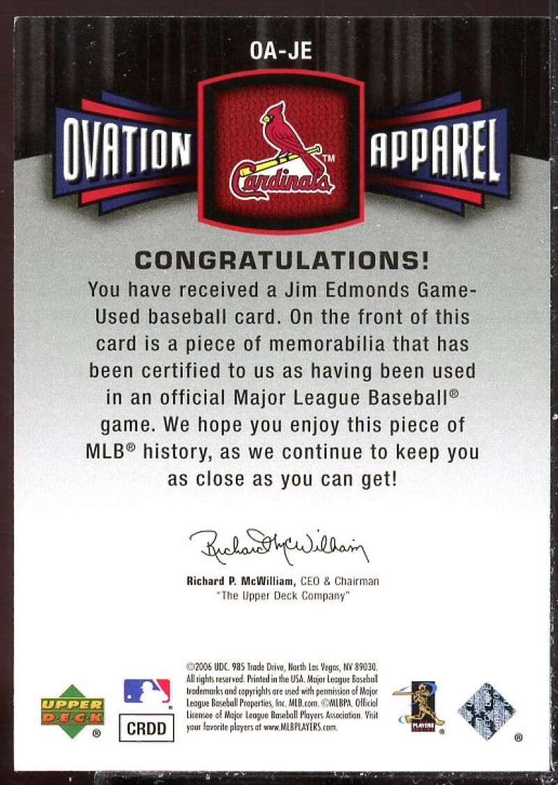 Jim Edmonds Card 2006 Upper Deck Ovation Apparel #JE  Image 2