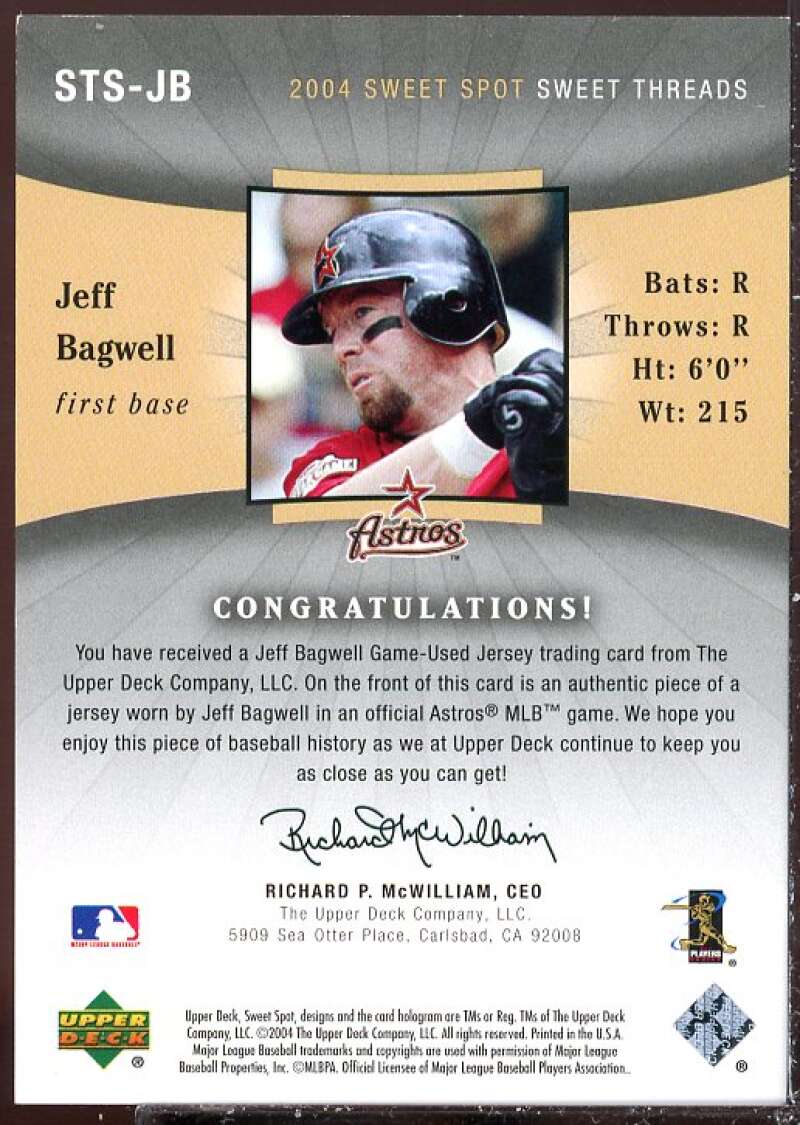 Jeff Bagwell Card 2004 Sweet Spot Sweet Threads #STSJB  Image 2