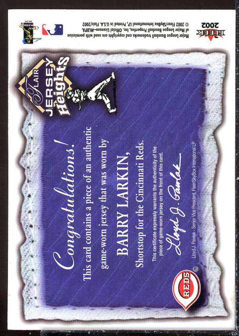 Barry Larkin Card 2002 Flair Jersey Heights #16  Image 2