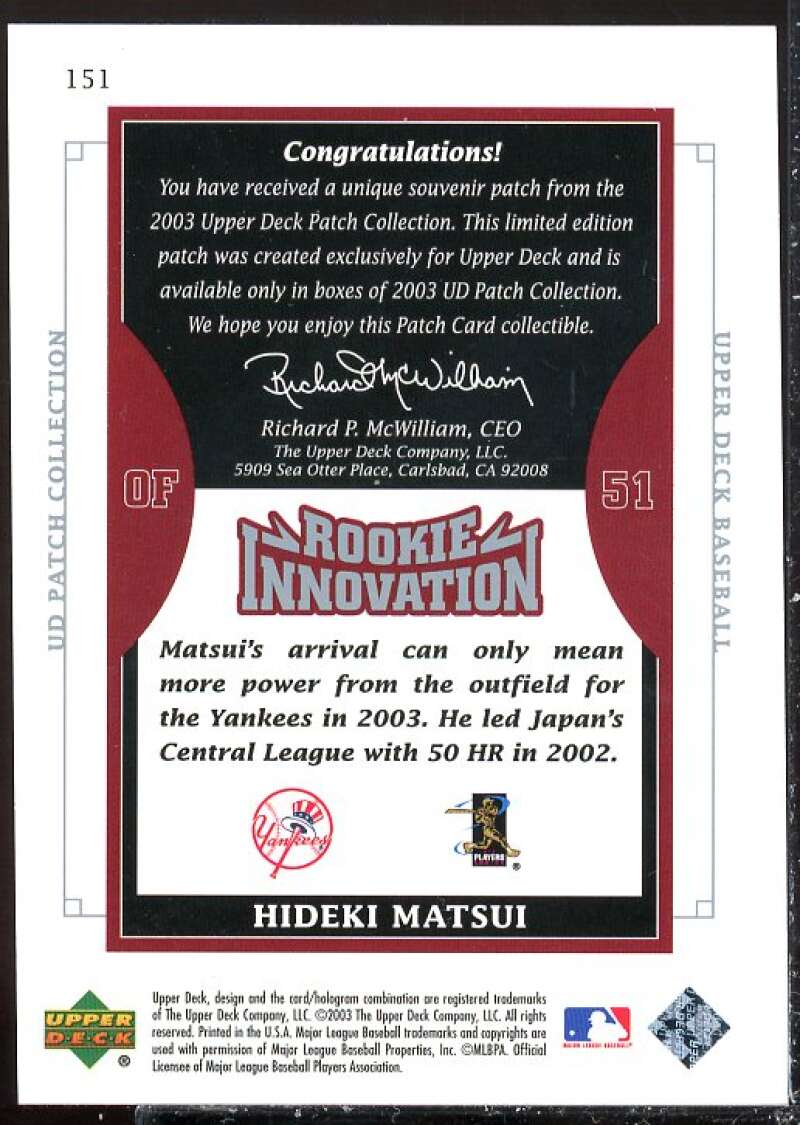 Hideki Matsui RI RC Card 2003 UD Patch Collection #151  Image 2