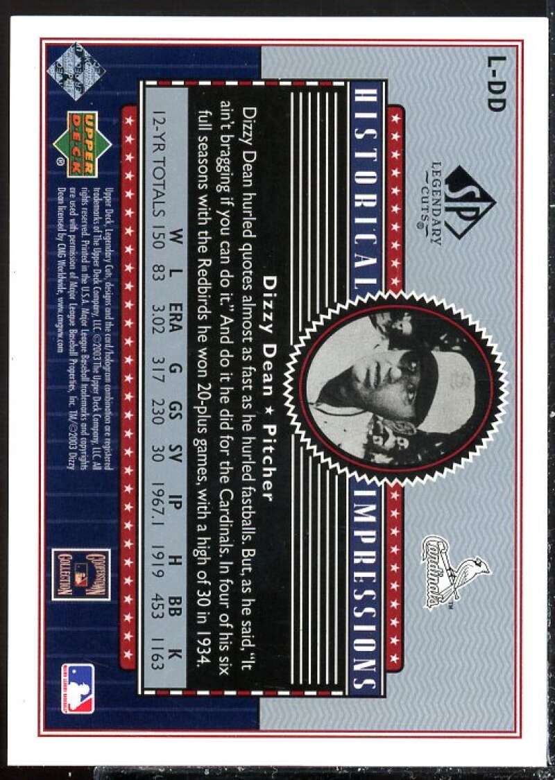 Dizzy Dean Card 2003 SP Legendary Cuts Historical Impressions Silver #DD  Image 2