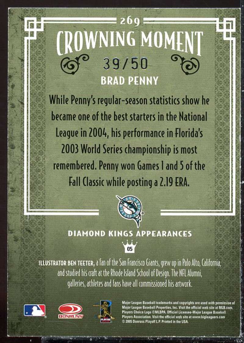Brad Penny Marlins Card 2005 Diamond Kings Signature Bronze #269  Image 2