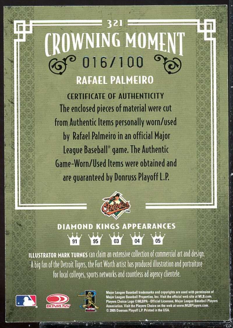 Rafael Palmeiro O's Bat-Jsy Card 2005 Diamond Kings Materials Framed Red #321  Image 2