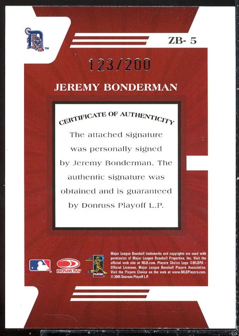 Jeremy Bonderman/200 AU Card 2005 Zenith Z-Graphs #5  Image 2