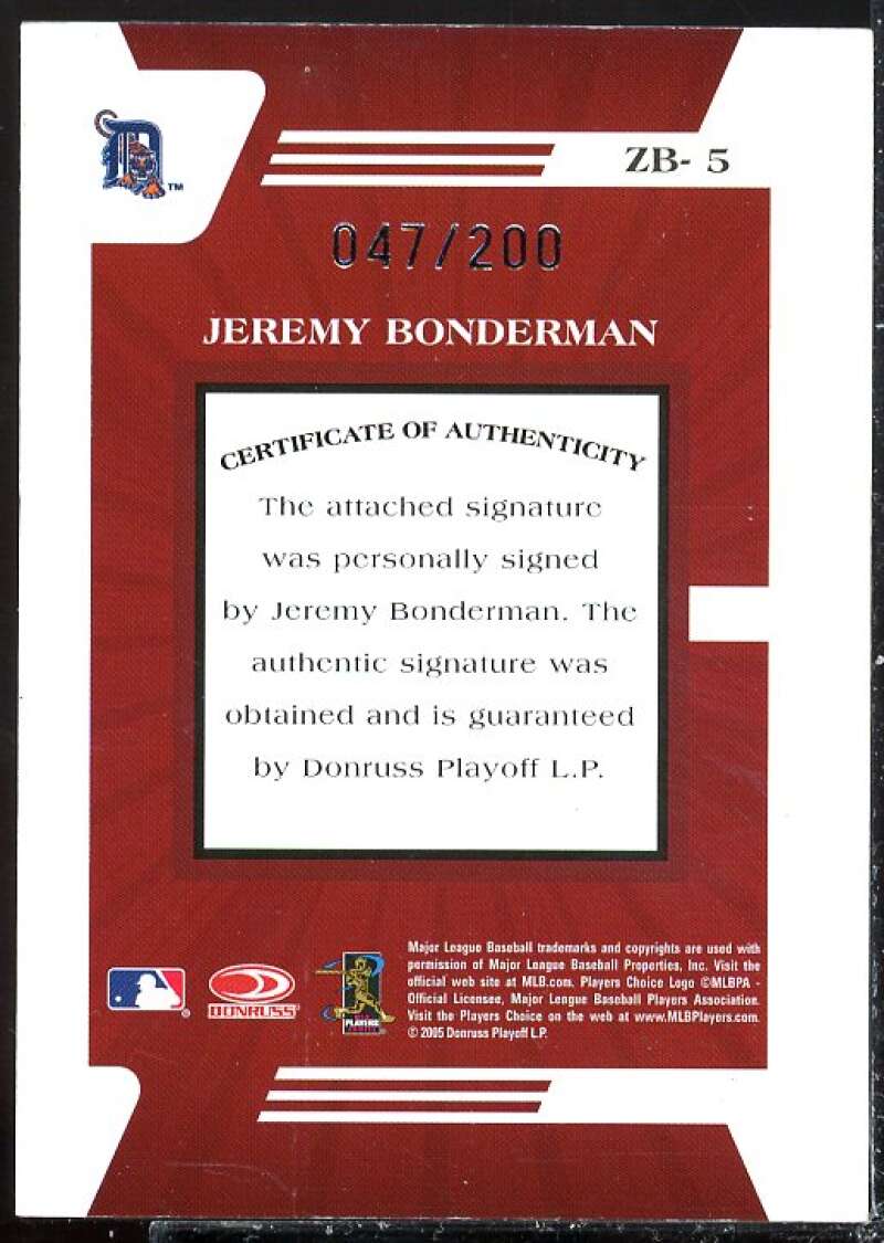 Jeremy Bonderman/200 AU Card 2005 Zenith Z-Graphs #5  Image 2