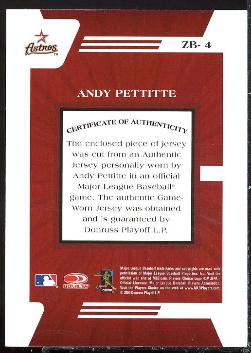 Andy Pettitte Card 2005 Zenith Z-Jerseys #4  Image 2