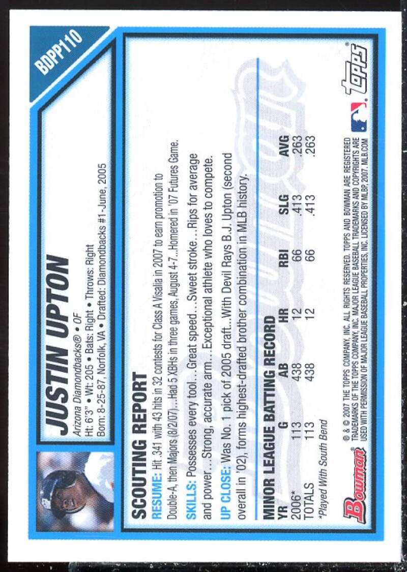 Justin Upton Card 2007 Bowman Draft Future's Game Prospects Jerseys #BDPP110  Image 2