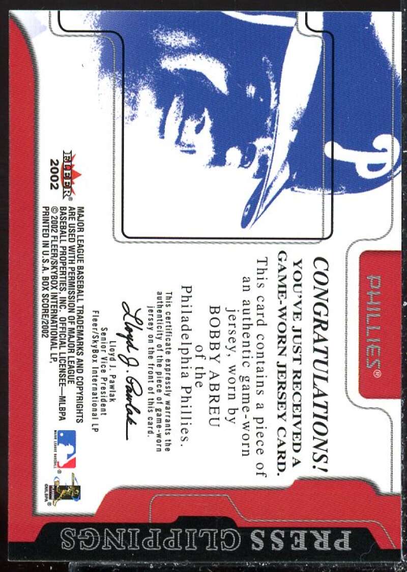 Bob Abreu Card 2002 Fleer Box Score Press Clippings Game Used #1  Image 2