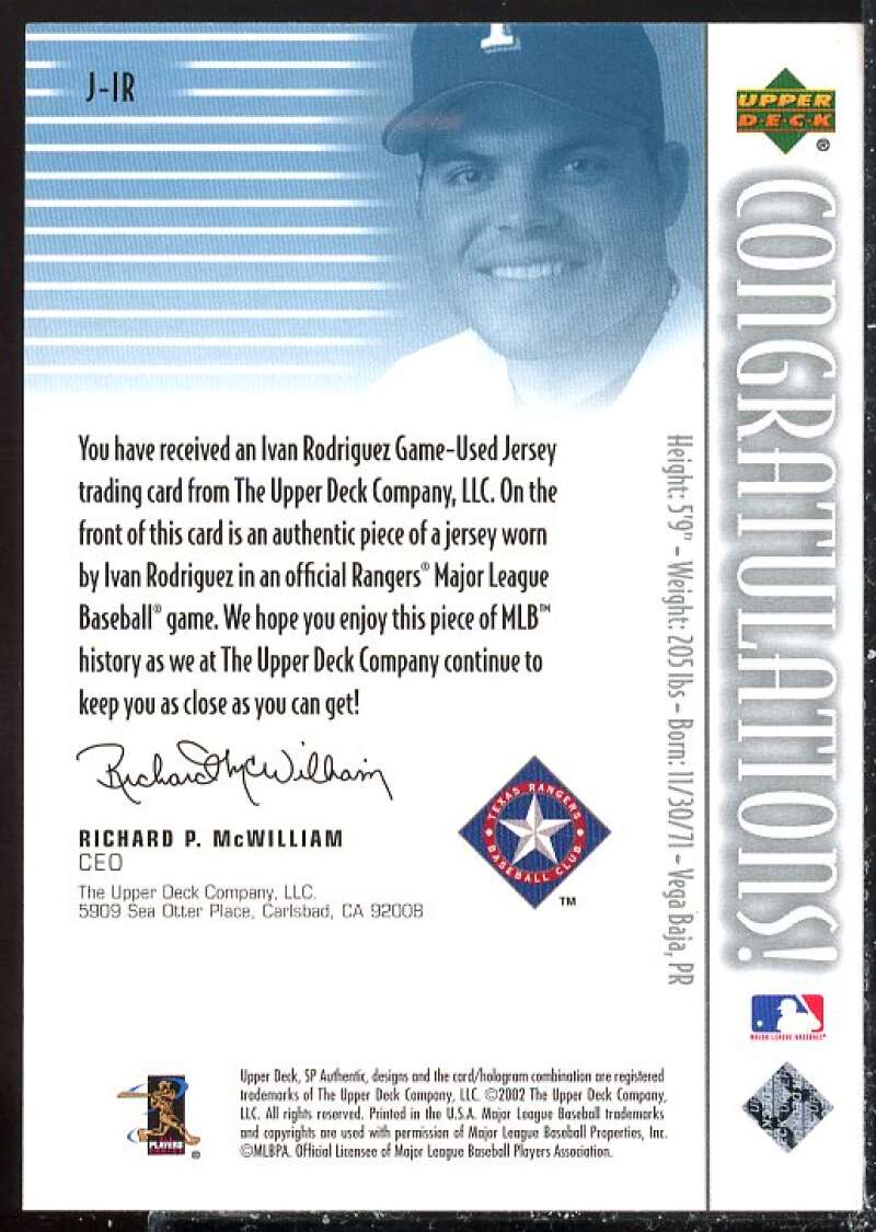Ivan Rodriguez Card 2002 SP Authentic Game Jersey #JIR  Image 2