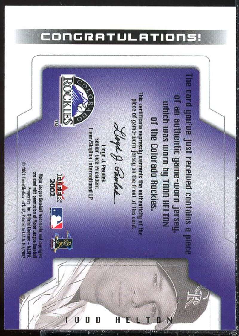 Todd Helton Card 2002 E-X Behind the Numbers Game Jersey #9  Image 2