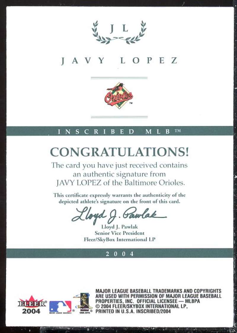 Javy Lopez Card 2004 Fleer InScribed Autographs Silver #JL  Image 2