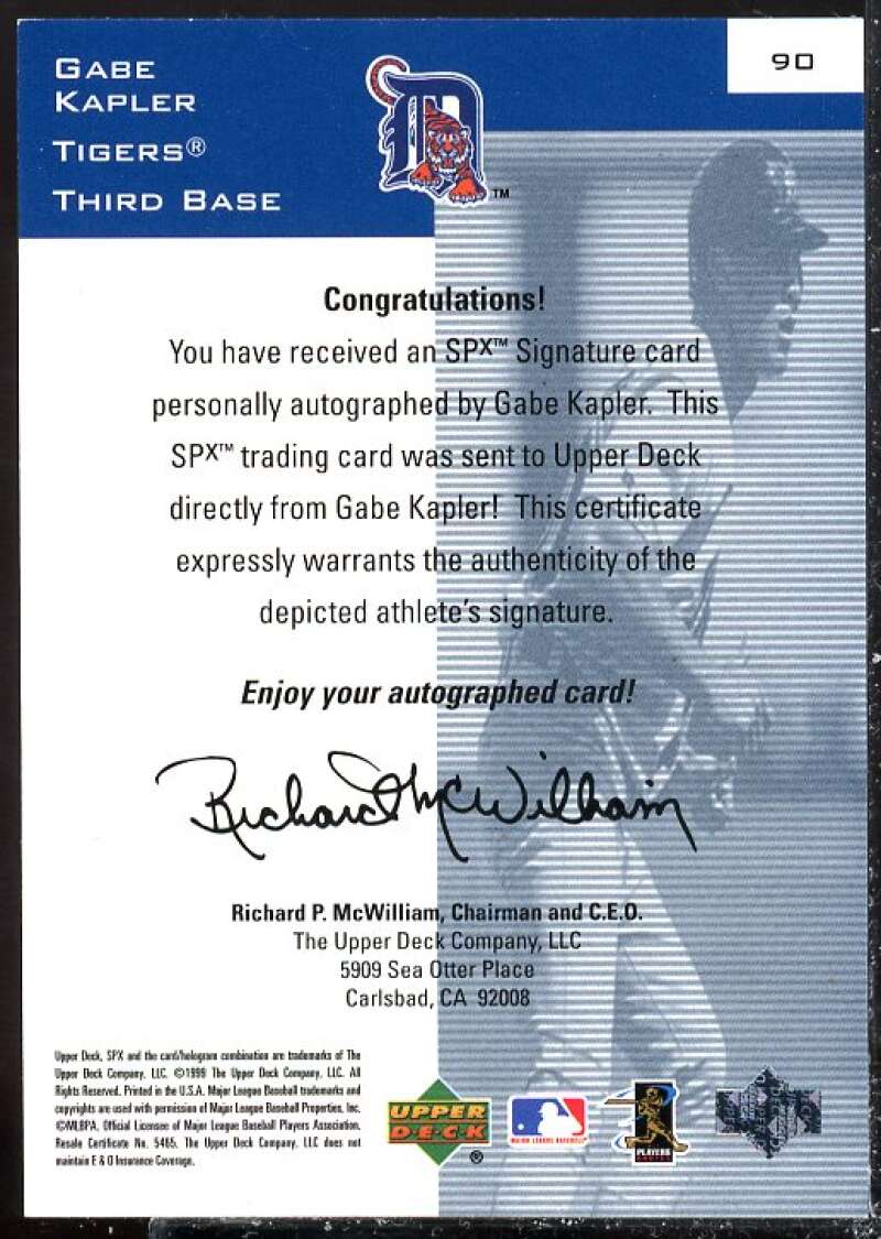 Gabe Kapler SP AU Card 1999 SPx #90  Image 2