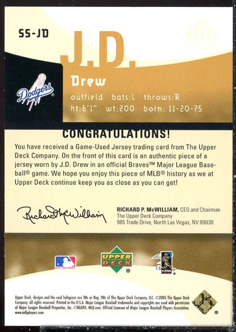 J.D. Drew Card 2005 Reflections Super Swatch #JD  Image 2