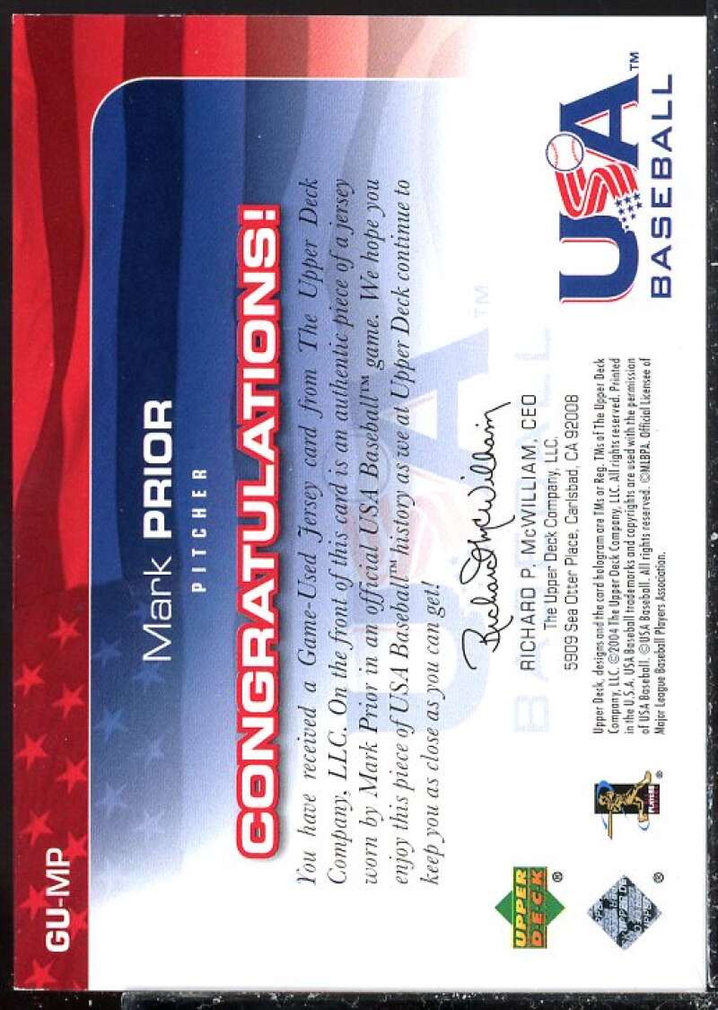 Mark Prior Card 2004 USA Baseball 25th Anniversary Game Jersey #MP  Image 2