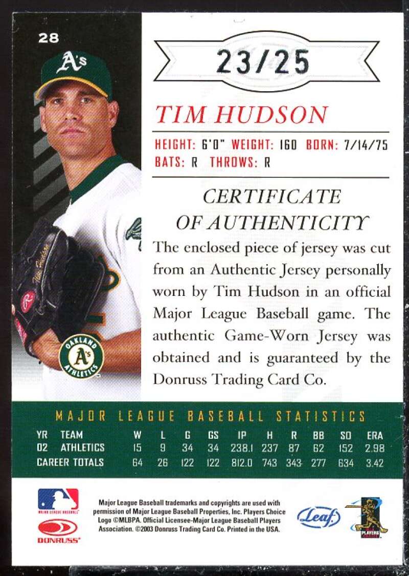 Tim Hudson Card 2003 Leaf Limited Threads #28  Image 2