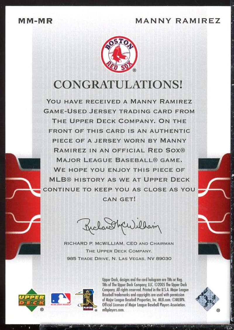 Manny Ramirez Card 2005 Upper Deck Milestone Materials #MR  Image 2