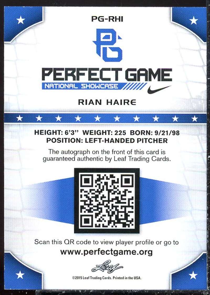 Rian Haire Card 2015 Leaf Perfect Game Autographs Blue #PGRH1  Image 2