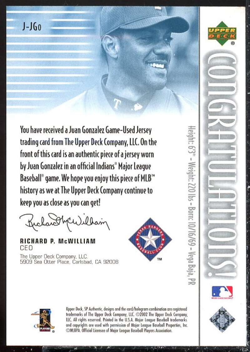 Juan Gonzalez Card 2002 SP Authentic Game Jersey #JJGO  Image 2