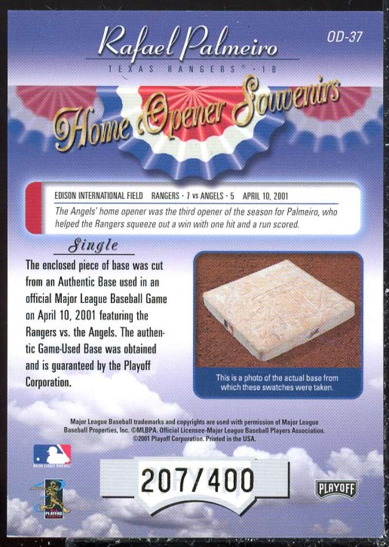 Rafael Palmeiro Card 2001 Absolute Memorabilia Home Opener Souvenirs #OD37  Image 2
