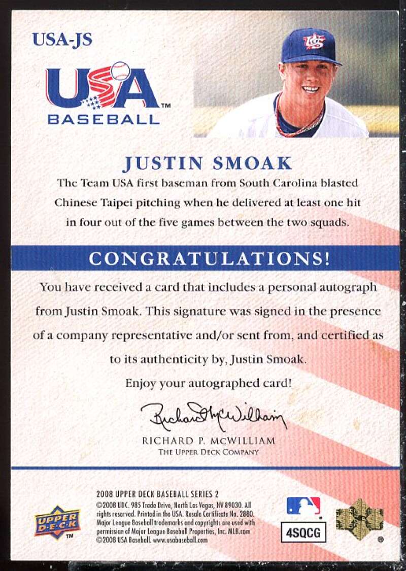 Justin Smoak Card 2008 Upper Deck USA National Team Autographs Blue #JS  Image 2