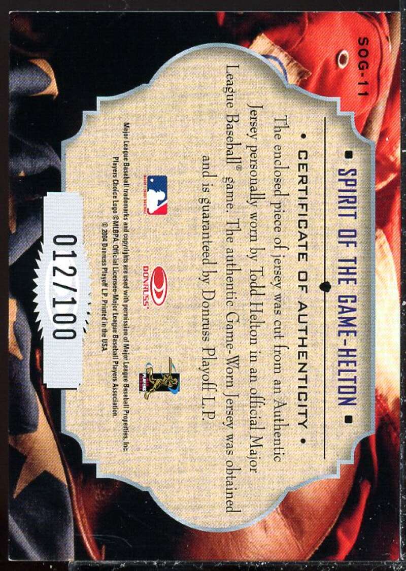 Todd Helton Card 2004 Studio Spirit of the Game Material Jersey #11  Image 2