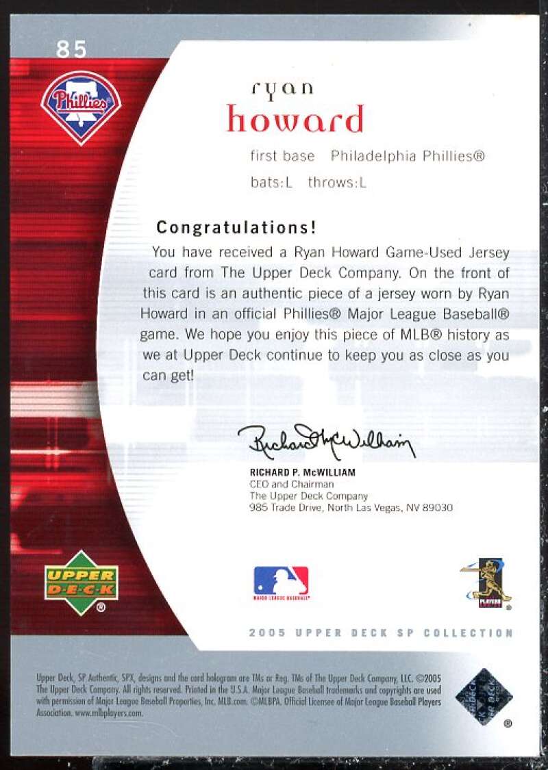 Ryan Howard Card 2005 SP Authentic Jersey #85  Image 2
