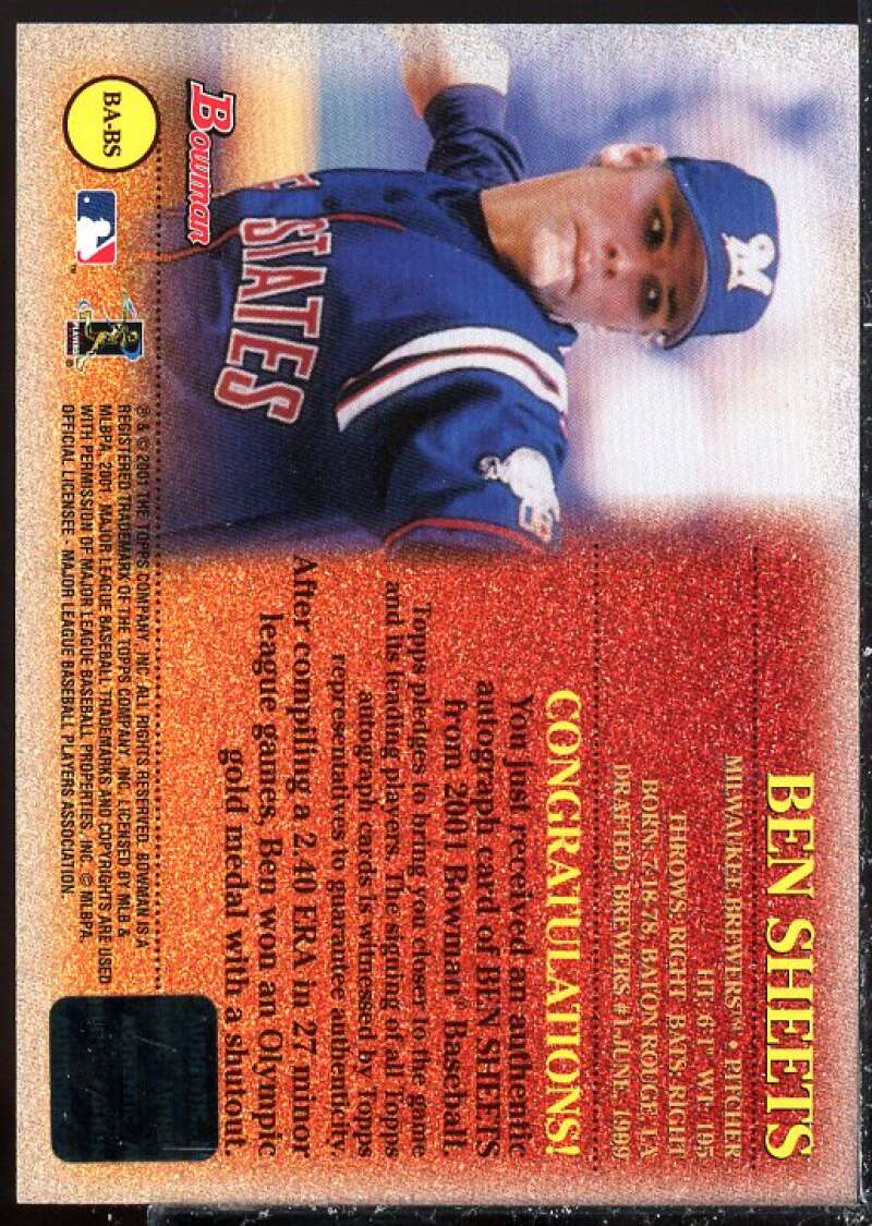 Ben Sheets Card 2001 Bowman Autographs #BABS  Image 2