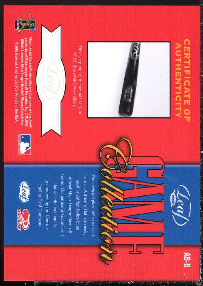 Adrian Beltre Bat Card 2002 Leaf Game Collection #ABB  Image 2
