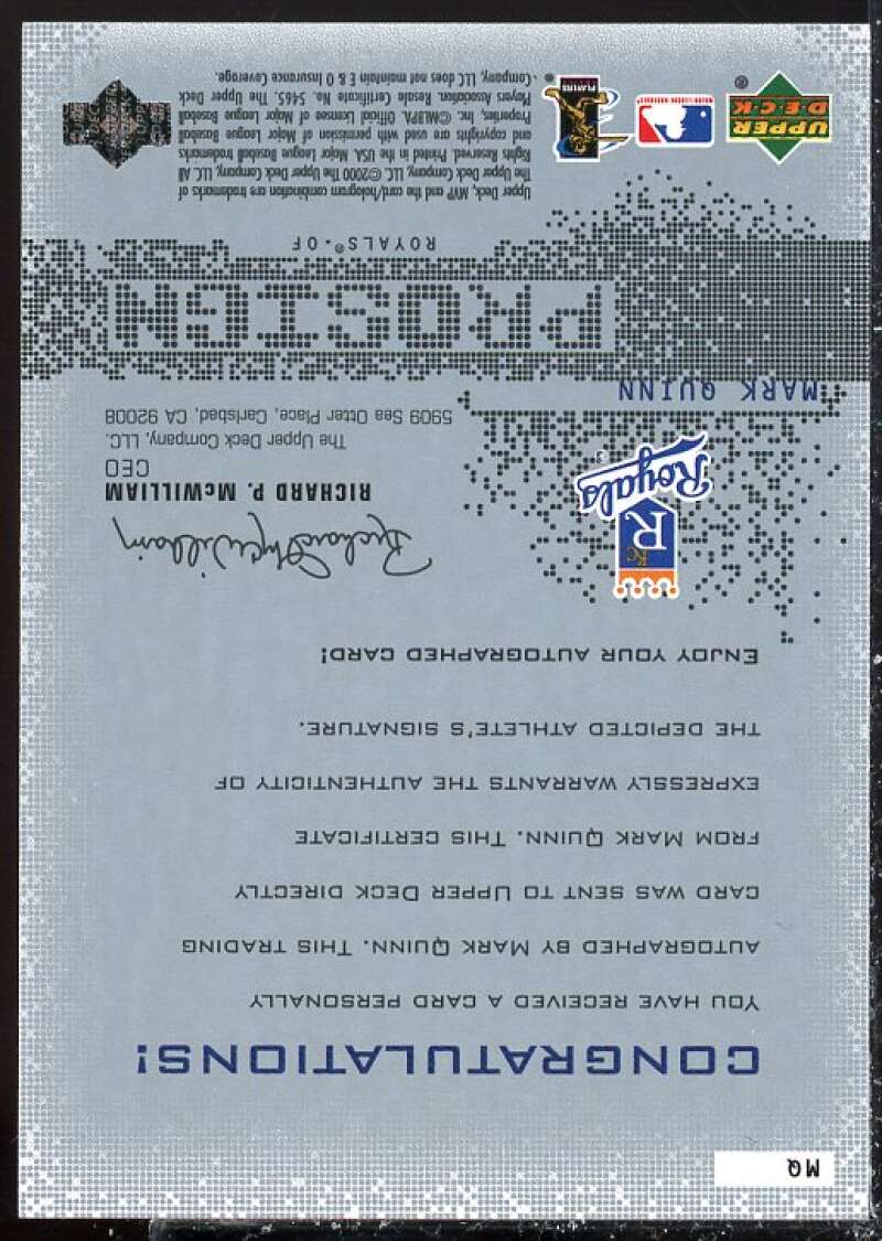 Mark Quinn Card 2000 Upper Deck MVP ProSign #MQ  Image 2