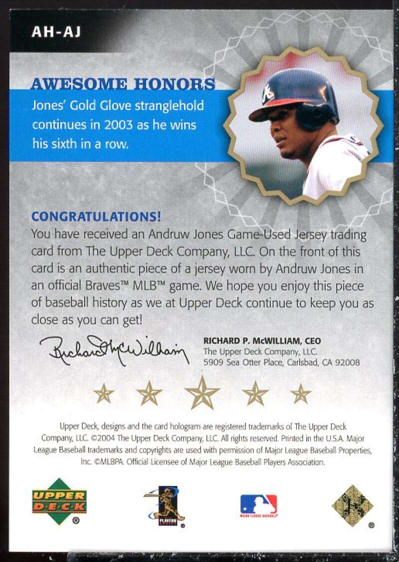 Andruw Jones Card 2004 Upper Deck Awesome Honors Jersey Gold #AJ  Image 2