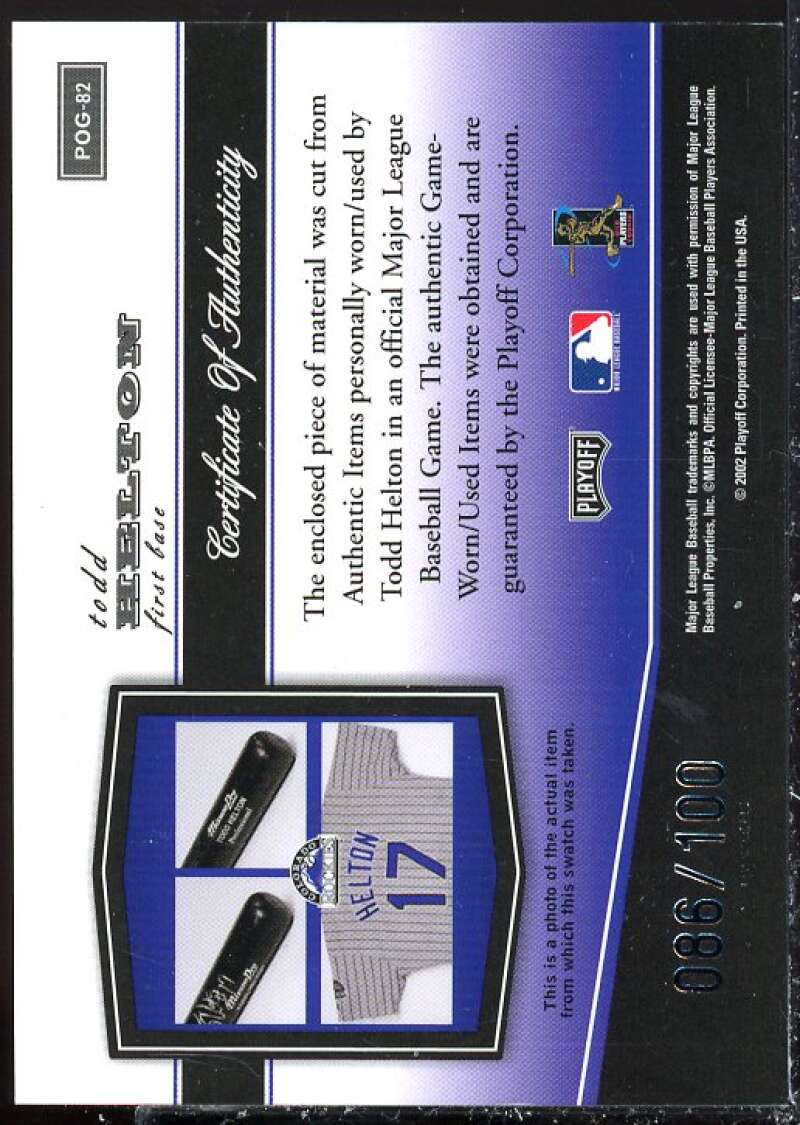 Todd Helton Card 2002 Playoff Piece of the Game Materials Silver #82  Image 2