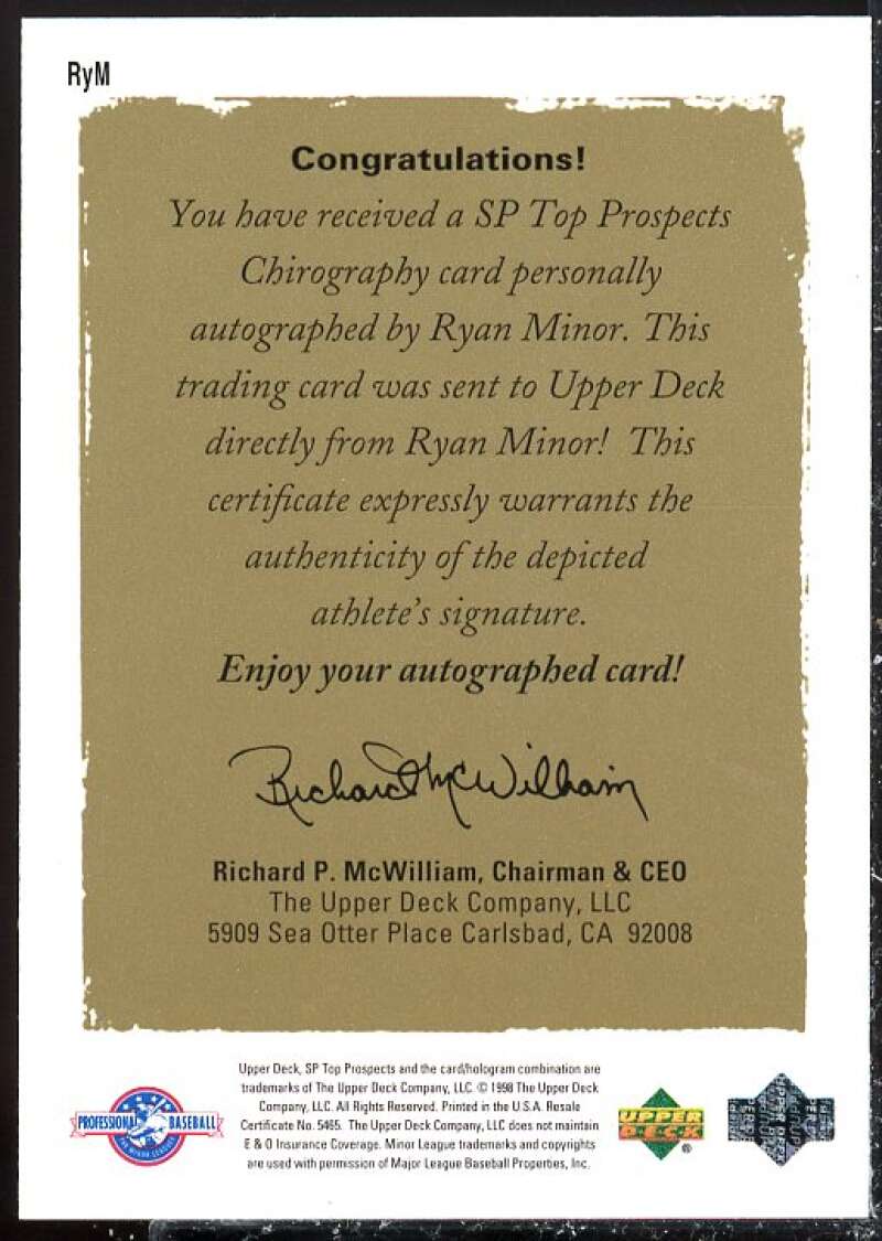Ryan Minor Card 1999 SP Top Prospects Chirography #RYM  Image 2