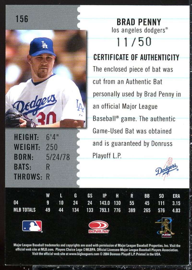 Brad Penny Card 2005 Leaf Century Material Bat #156  Image 2