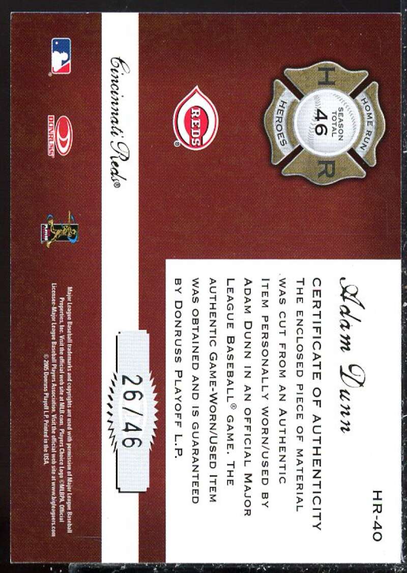 Adam Dunn Card 2005 Donruss Classics Home Run Heroes Bat #40  Image 2